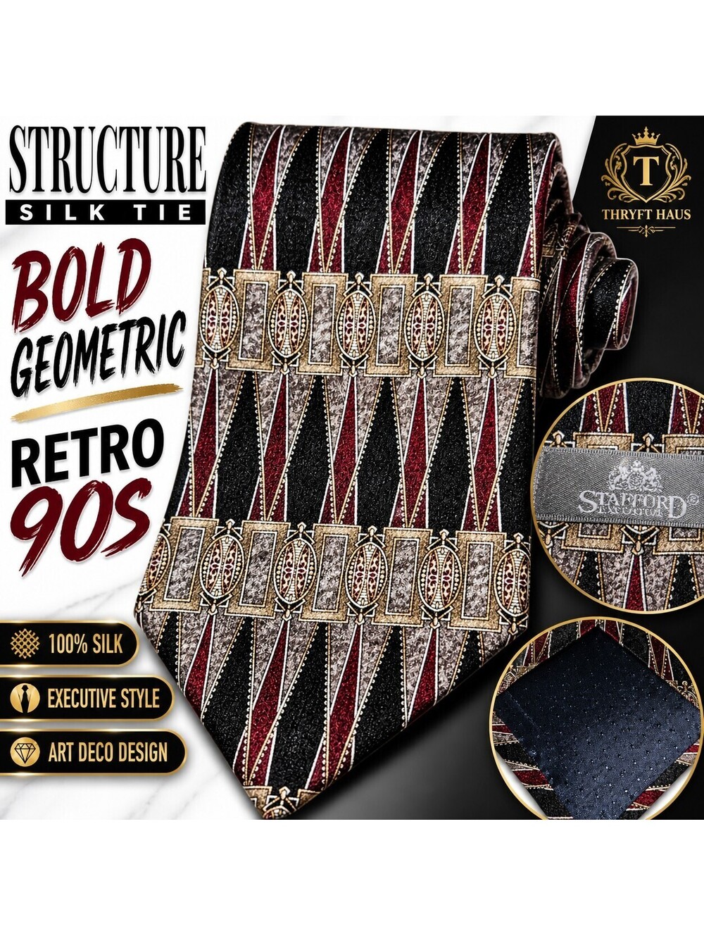 Structure Silk Tie Geometric Art Deco Burgundy Black Gold 90s Retro Mens Necktie